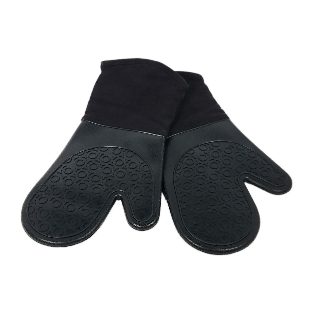 Black Silicone Oven Mitts Set of 2 14in Textured Quilted Modern Grip Kitchen BBQ